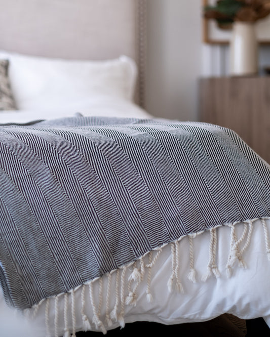 The Linen Herringbone Throw in Charcoal