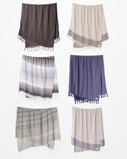 After Dark six-towel bundle: Black Labyrinth, Black Diamanté, Grey Layers, Navy Newport, Charcoal Tides XL and Navy Noble.