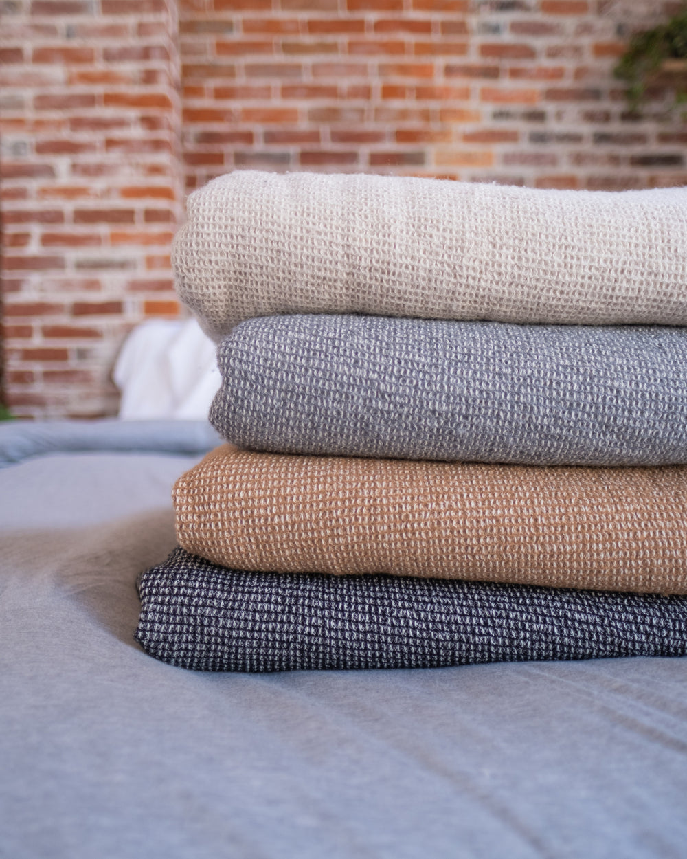 The Micro Waffle Wool Blanket in Stone
